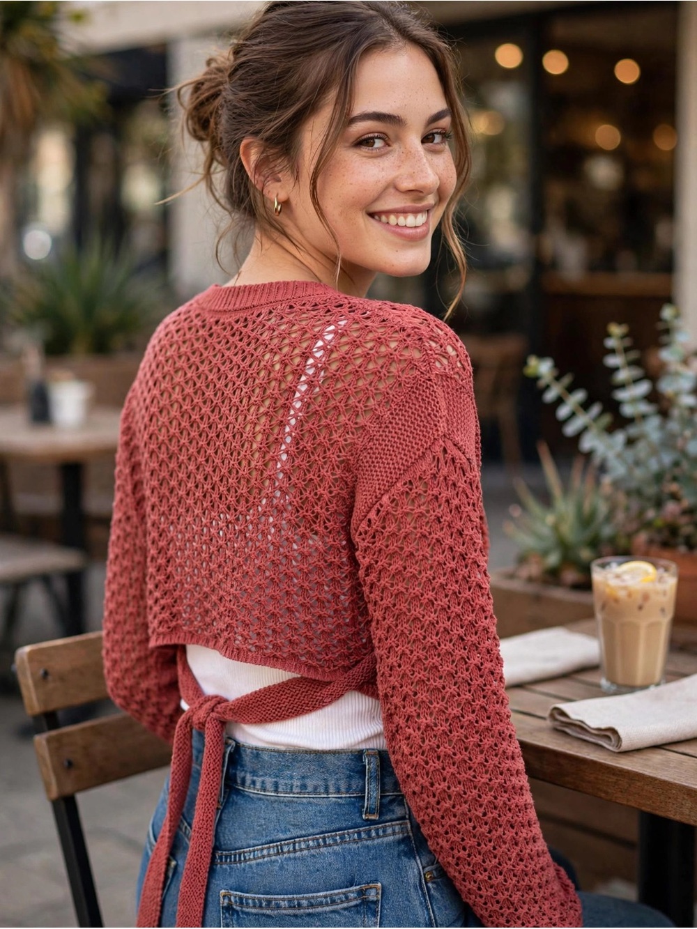 American Eagle Outfitters Cropped Open-Knit Tie-Back Sweater in Dusty Rose